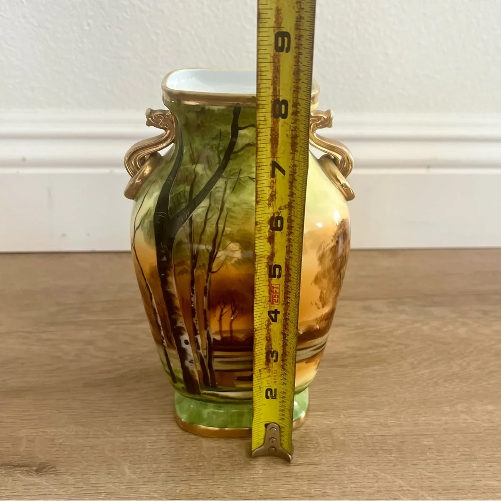 ANTIQUE 19th‎ C. NIPPON Morimura HAND PAINTED DRAGON HANDLES LANDSCAPE VASE 8”